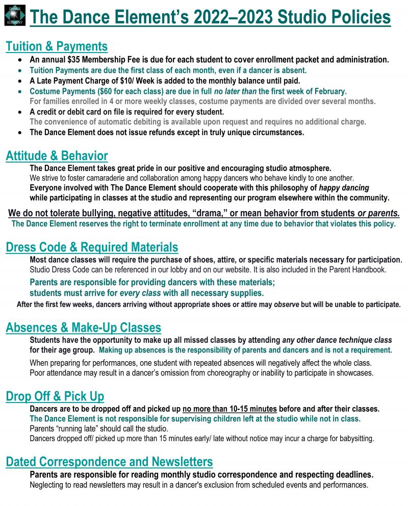 Dance Studio Policies for The Dance Element in Wilmington NC